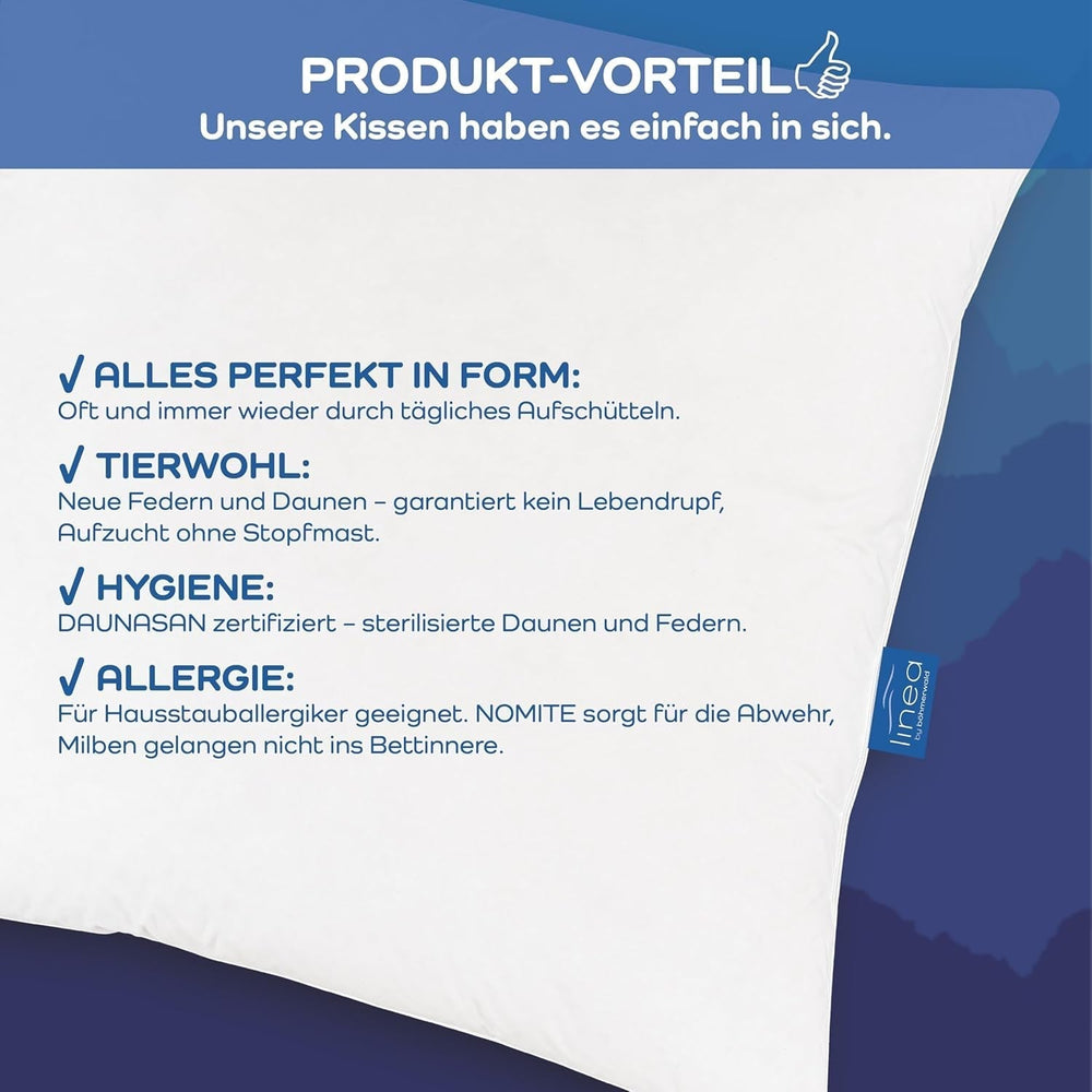 LINEA by Böhmerwald - Cosy - Oreiller Balance de haute qualité, 40X80, 70% plumes classe 1, 30% duvet neuf, adapté aux allergies, lavable jusqu'à 60°C, fabriqué en Allemagne Oreillers standards Naty Shop