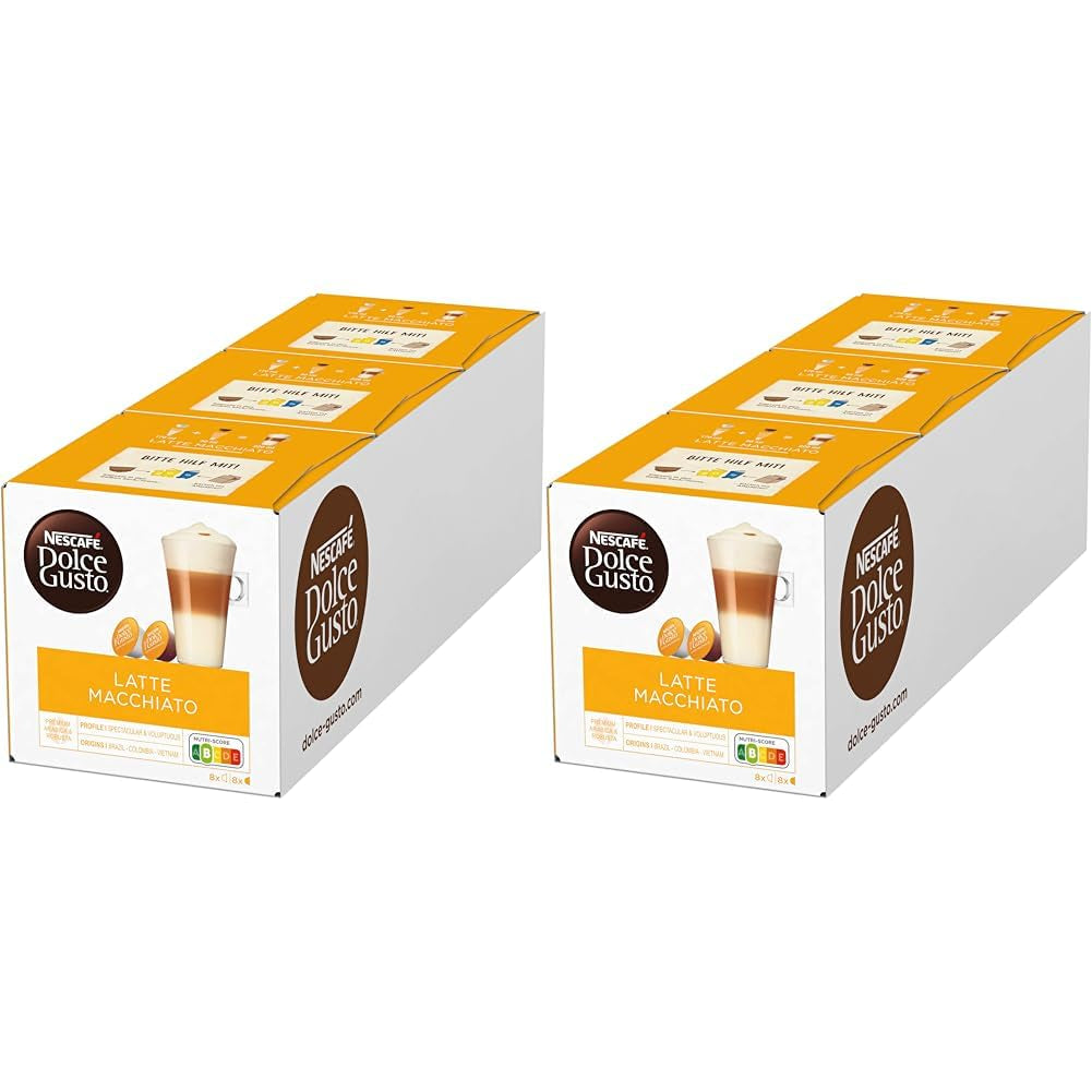 NESCAFÉ Dolce Gusto Latte Macchiato, 48 capsules de café, expresso aromatique, 3 étapes - Köstlichkeit aus feinem Milchschaum, capsules de gel aromatique, paquet de 6 (3x16 capsules)
