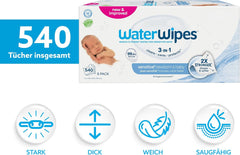 WaterWipes Sensitive+ Lingettes humides pour nouveau-nés et bébés, 540 pièces (9 paquets), nettoyage 3 en 1, entretien, protection, 99,9 % d'eau, sans parfum