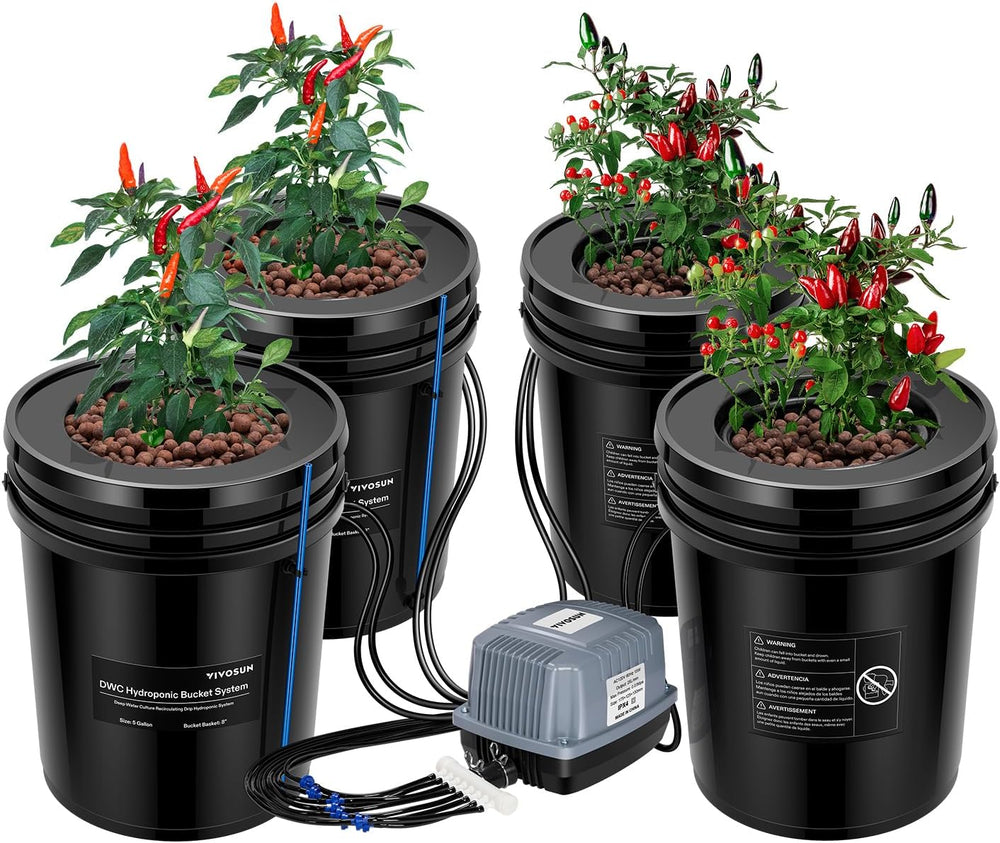 VIVOSUN DWC Hydrokultur Anbausystem mit Topf-Dripkit, 5-Gallonen Tiefwasserkultur, Umwälz-Tropfgartensystem mit Mehrzweck-Luftschlauch, 8W Luftpumpe and Luftstein (1 seau + Top-Drip-Kit)