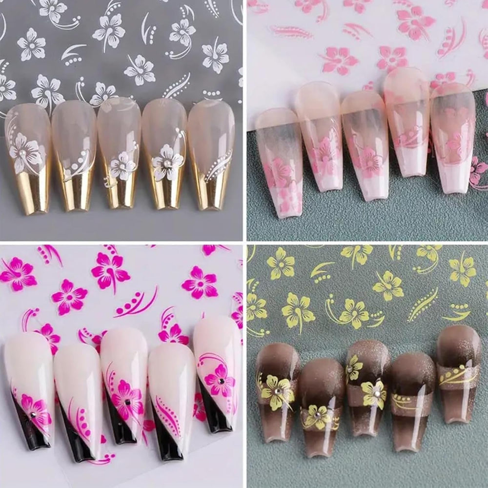 8 pièces Hibiskus Nagelsticker, 3D Selbstklebende Blumen Nagelaufkleber, Weiß Rosa Gelb Magenta Sommer Neonail Sticker, Nail Art Zubehör Nagel Deko Für Frauen