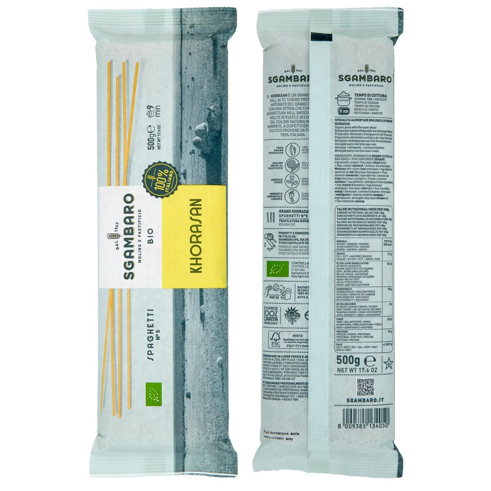 Pâtes spaghetti bio no. 5 - 500g de blé Khorasan – Blé ancien, riche en protéines, cultivé 100% italien – Polyvalent en cuisine et riche en nutriments