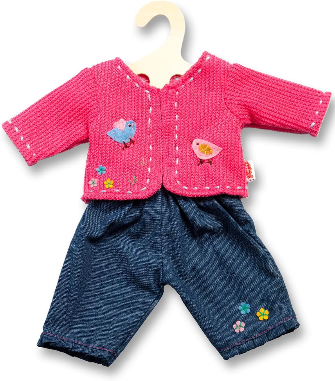 Heless 2504 - Bekleidungs-Set für Puppen, 2-teilig mit Strickjacke und Jeans, in den Farbvarianten Blau oder Pink, 1 von 2 Designs (zufällige Auswahl), Größe 35 - 45 cm