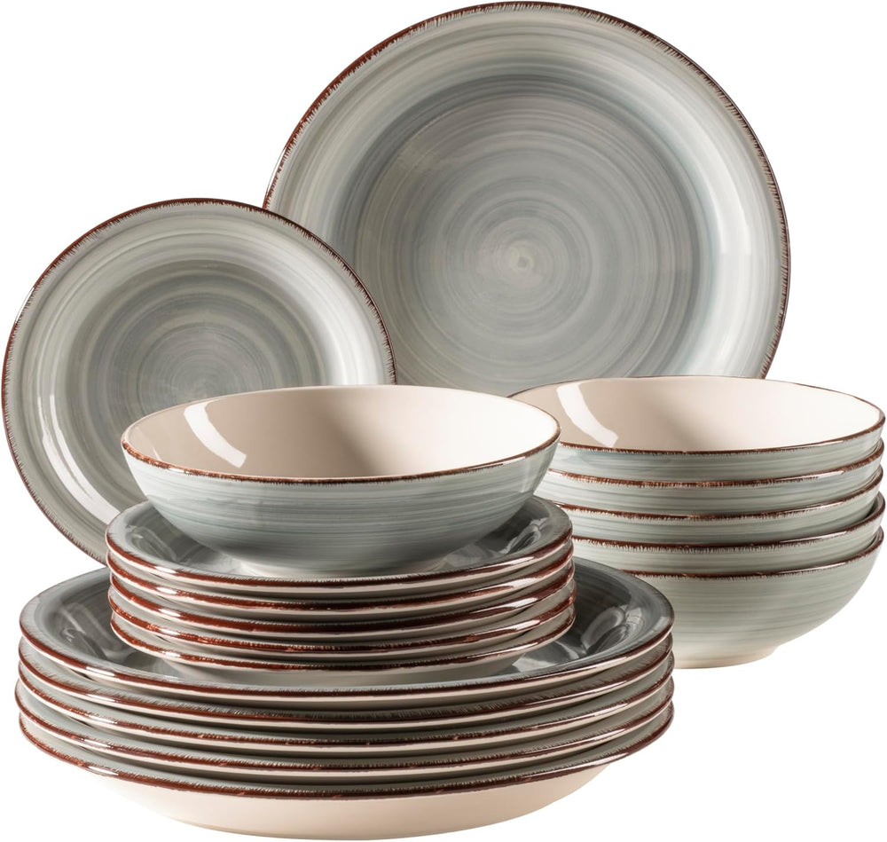 MÄSER 931875 Bel Tempo II Service de table pour 6 personnes au look vintage moderne, service de table 18 pièces, vaisselle en céramique peinte à la main, grès, bleu fumé