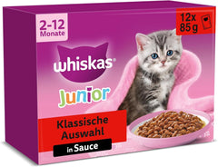 Hrană umedă pentru pisici Whiskas Junior Classic Selection în sos, 48 de pliculețe, 12 x 85 g (pachet de 4) – Hrană umedă de înaltă calitate pentru pisici în creștere, de la 2 la 12 luni