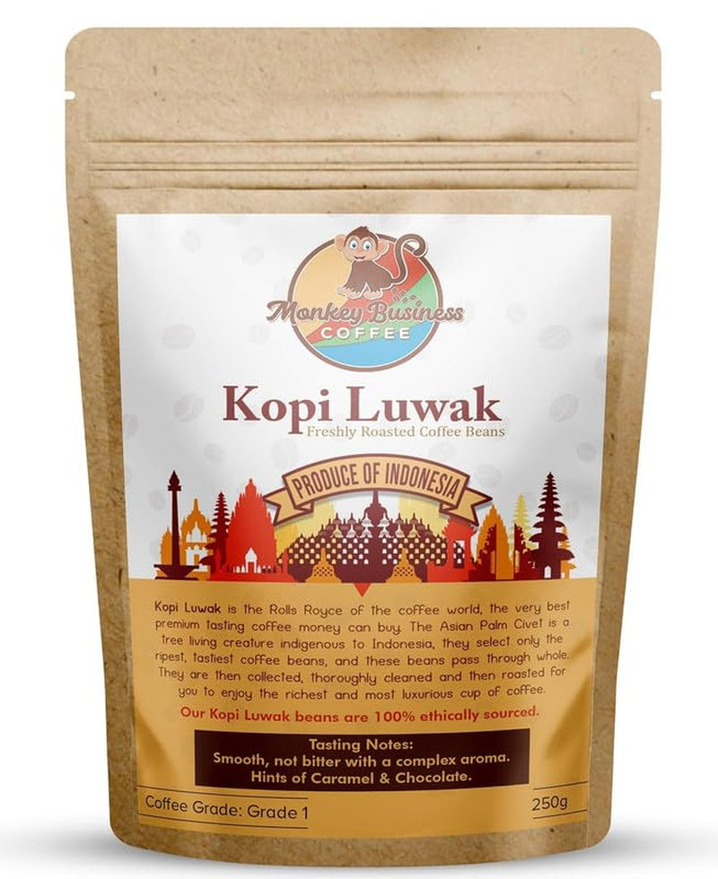 - Grains de café Kopi Luwak sauvages moulus - 250 grammes (Autres poids et types de grains disponibles) - Provenant de manière éthique d'animaux élevés en liberté (Indonésie)