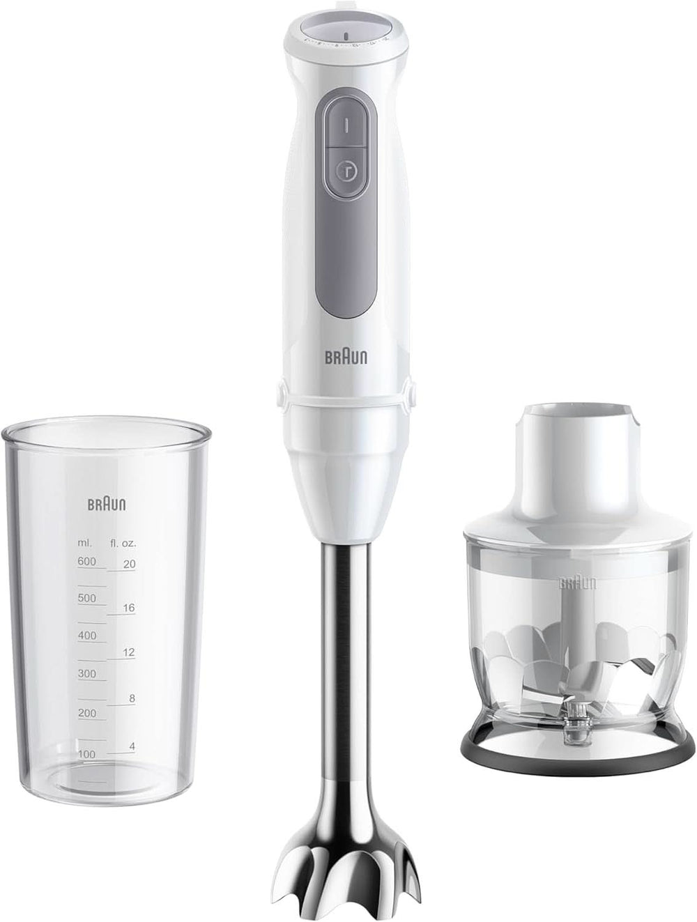 Braun Stabmixer MQ 5200WH - Multiquick 5 Vario Pürierstab Mit Edelstahl Mixfuß, 1000 Watt, Inkl. 600 Ml Mix- & Messbecher, Weiß/Grau Cuisine Naty Shop Version 2024 - Edelstahlschaft