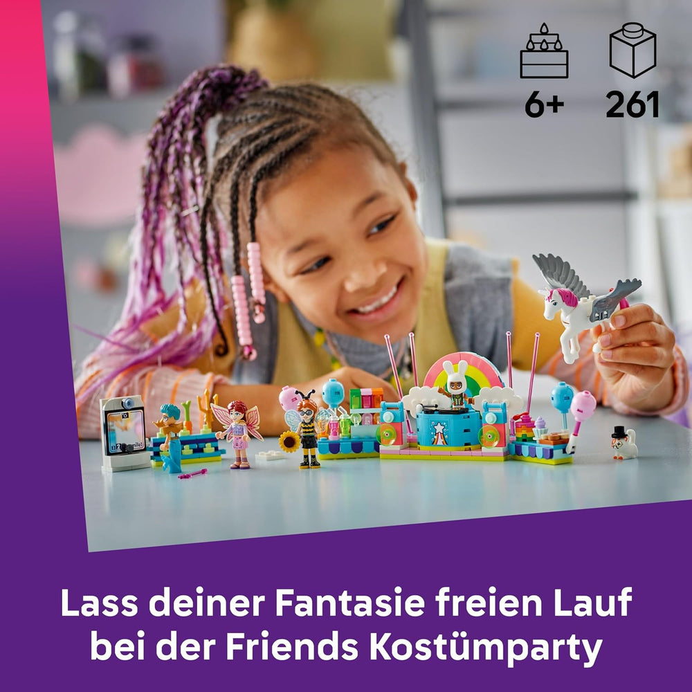 LEGO Friends Fête costumée avec un cornet et des frais - Un jeu pour les filles à partir de 6 ans - Une fille, un DJ-Pult, 4 mini-poupées, le Katze Churro et un Pferdefigur sowie lustigem Zubehör - Idée cadeau - 42661