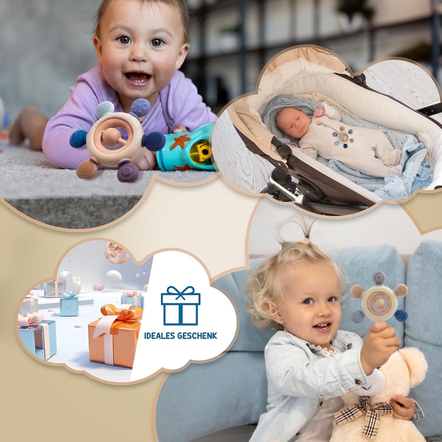 Anneau de dentition pour bébé avec chaîne de tétine - Aide à la dentition - Jouet pour bébé de 0 à 6 mois - Essentiels pour nouveau-né - Jouet de dentition sans BPA - Idées cadeaux pour nourrissons