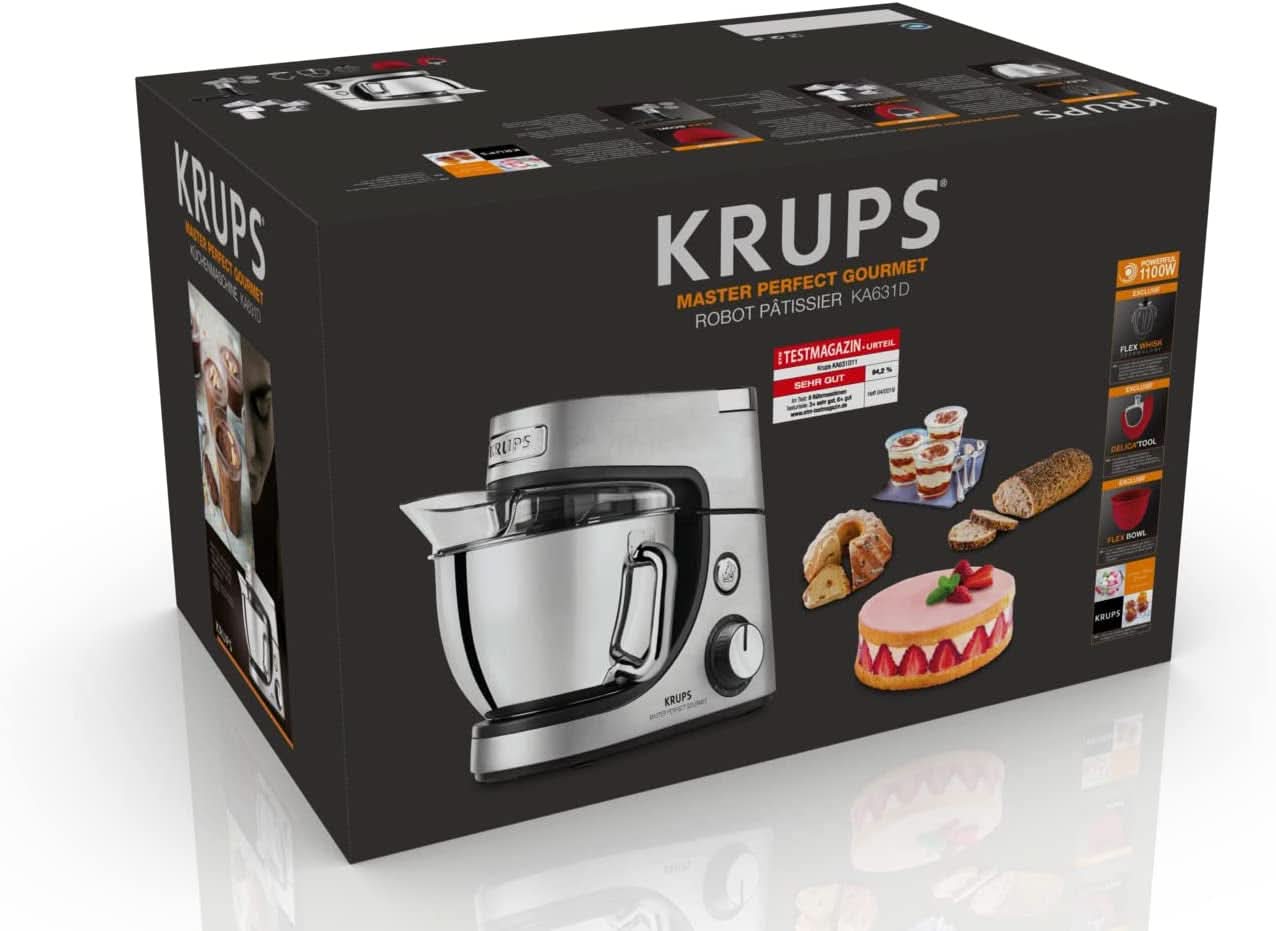 Robot de bucătărie Krups KA631D Master Perfect Gourmet | 1100 wați | 8 viteze | Bol din oțel inoxidabil de 4,6 litri | 5 accesorii: set de coacere, bol flexibil, unitate de mărunțire | oțel inoxidabil periat Mama si Copilul Naty Shop