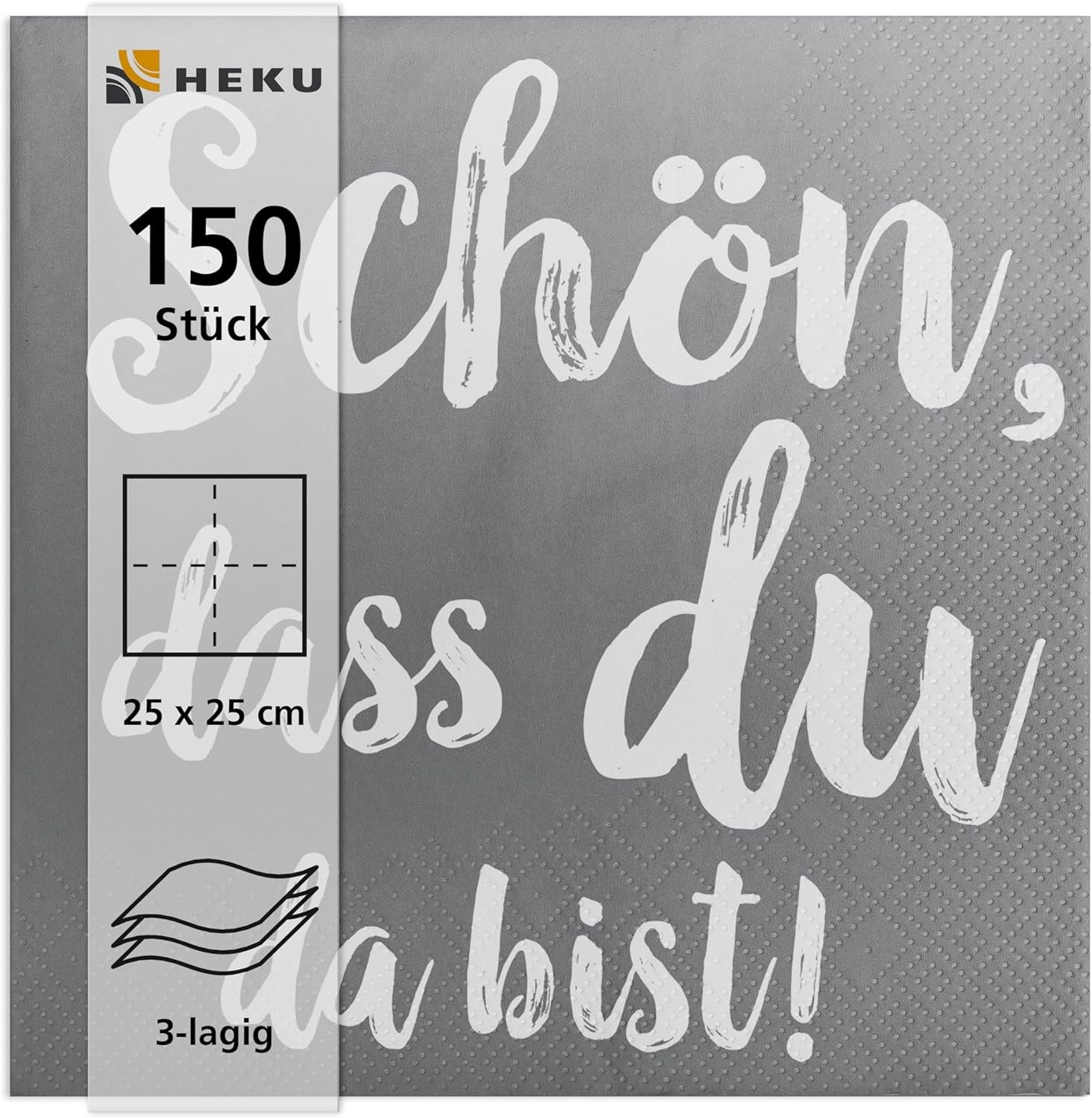 Serviettes de cocktail HEKU 'Schön Dass Du Da Bist', 3 couches, 25X25Cm, 150 pièces I Design élégant I Idéal pour les célébrations I Pratiquement emballé