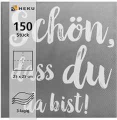 Serviettes de cocktail HEKU 'Schön Dass Du Da Bist', 3 couches, 25X25Cm, 150 pièces I Design élégant I Idéal pour les célébrations I Pratiquement emballé