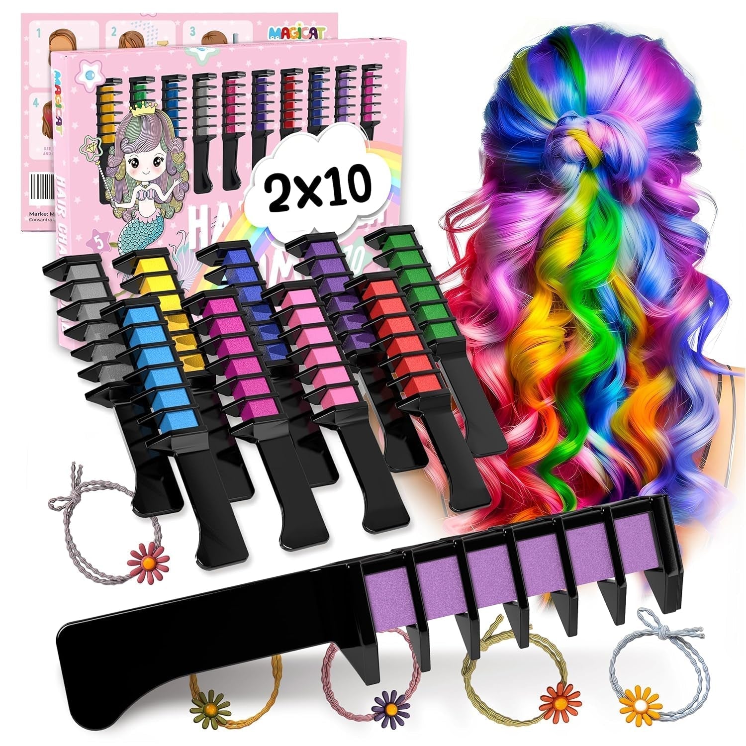 Magicat Craie à cheveux pour filles I 10 couleurs lavables et 5 élastiques à cheveux I Cadeau pour filles de 4 ans à 10 ans I Cadeau créatif pour la fête d'anniversaire des enfants 2025 I Teinture capillaire sûre et colorée Naty Shop 400 g (1 paquet)
