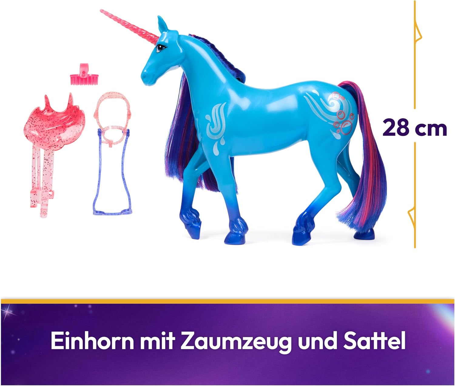 Unicorn River Unicorn Academy - Licorne Isabel originale de 28 cm de haut de la série Netflix, avec crinière et queue réelles, bride, selle et brosse amovibles, pour les enfants à partir de 4 ans
