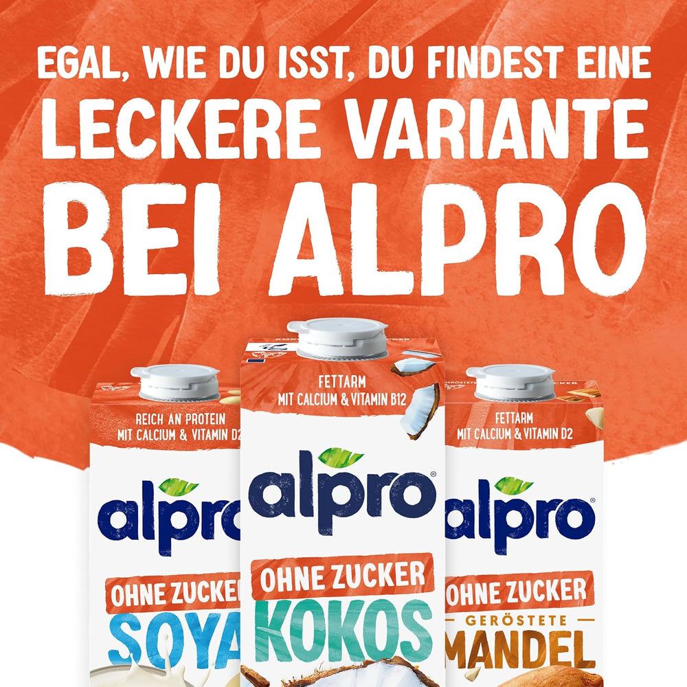 Alpro Kokosnussdrink ohne Zucker – Ohne Süßstoffe – Vegan et sans lait – Von Natur aus lactosefrei et fettarm – Riche en calcium et vitamines – 8 x 1 L