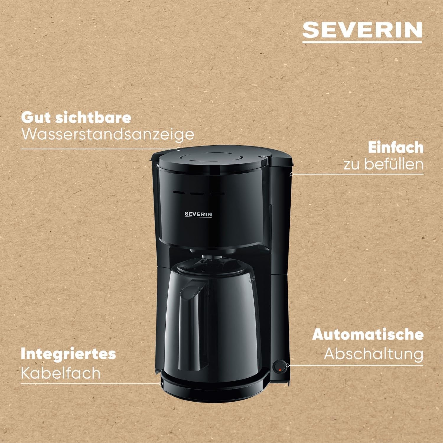 SEVERIN Cafetière à filtre avec carafe thermique, cafetière jusqu'à 8 tasses, jolie cafetière à filtre avec carafe isolée, noir, 1 litre, KA 9306