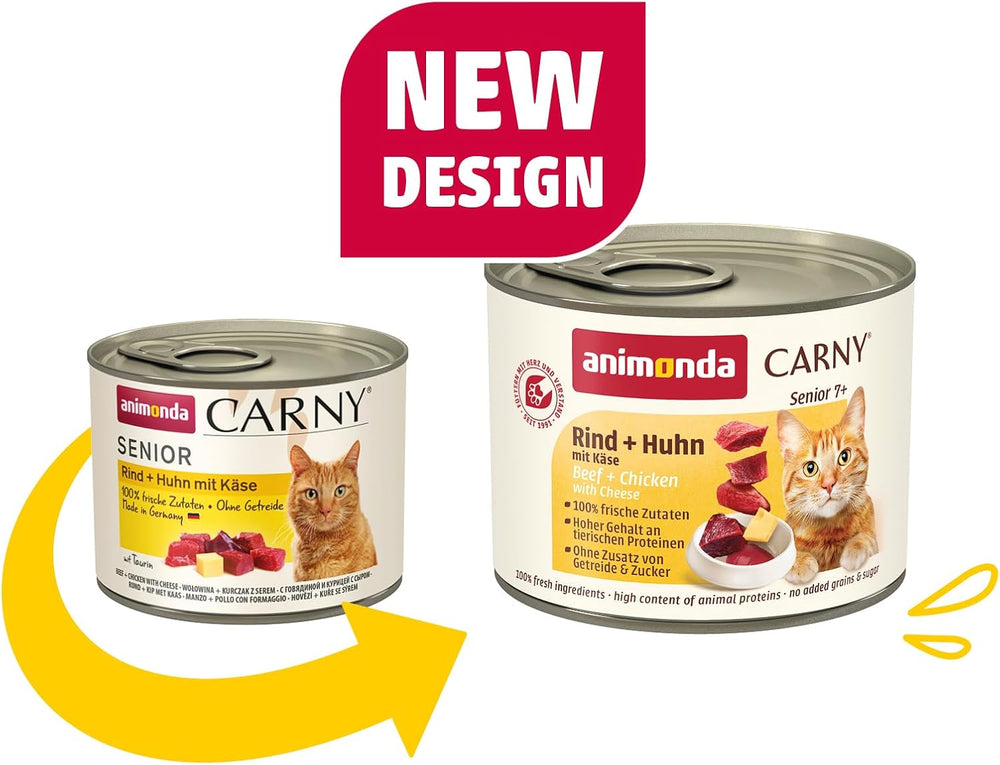 Animonda Carny Senior Nourriture humide pour chats au bœuf + poulet + fromage (6 x 200 g), nourriture humide sans céréales et sans sucre pour chats de 7 ans et plus, avec des ingrédients frais et carnés