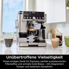 Ninja Luxe Pro Cafetière 3 en 1 avec moulin et mousseur pour latte, cappuccino, infusion à froid et expresso, facile à utiliser, 5 préréglages de mousseur, argent, ES701EU