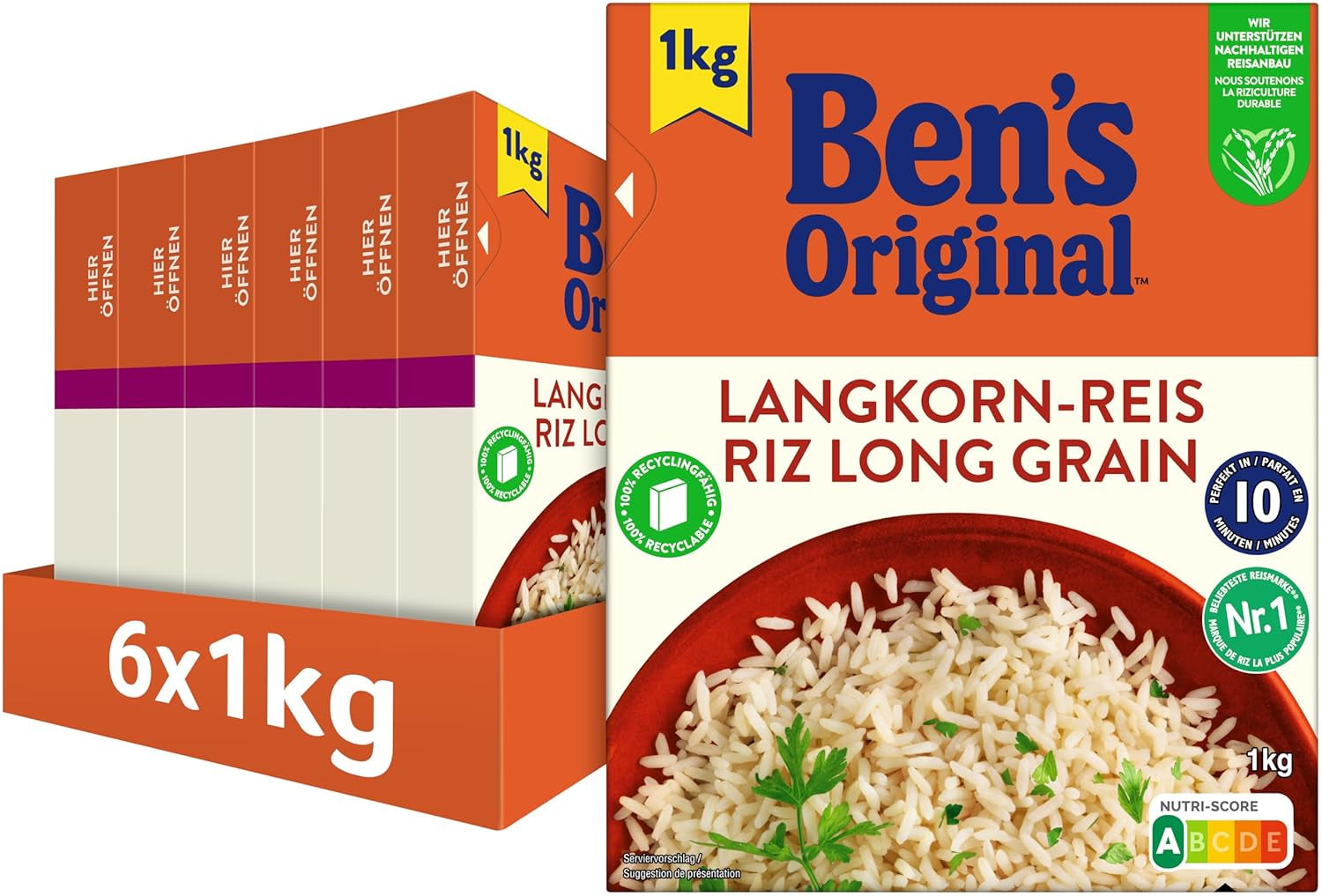 Riz à grains longs BEN'S ORIGINAL™, bouilli en sachet, 10 minutes, 6 x 1 kg