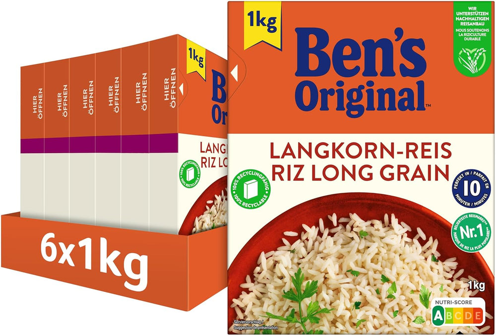 Riz à grains longs BEN'S ORIGINAL™, bouilli en sachet, 10 minutes, 6 x 1 kg