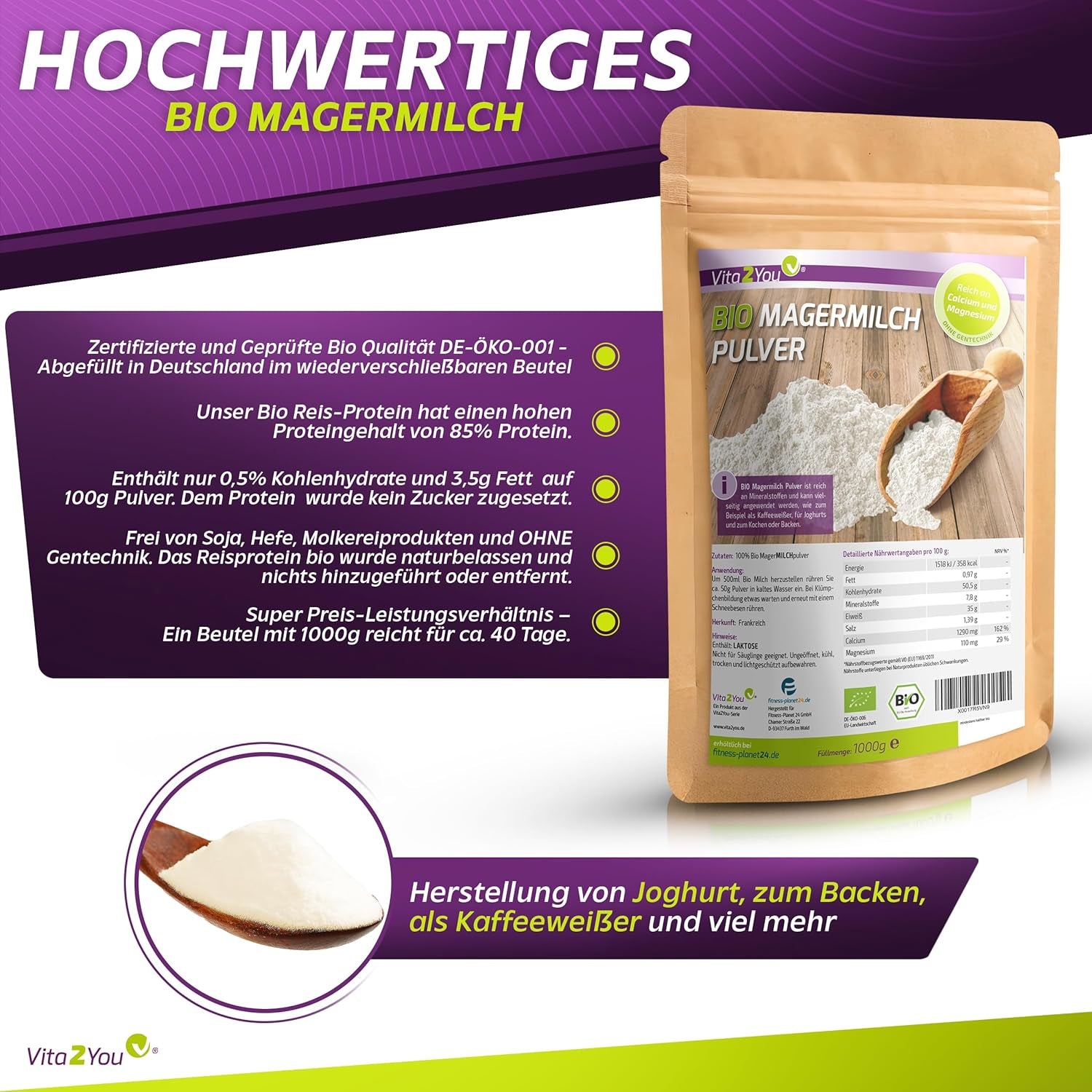 Vita2You Bio Lait écrémé en poudre 1000g - 100% Bio Qualität - pour la pâtisserie - Kaffeeweißer - Milchpulver für Joghurts - 1kg - Premium Qualität
