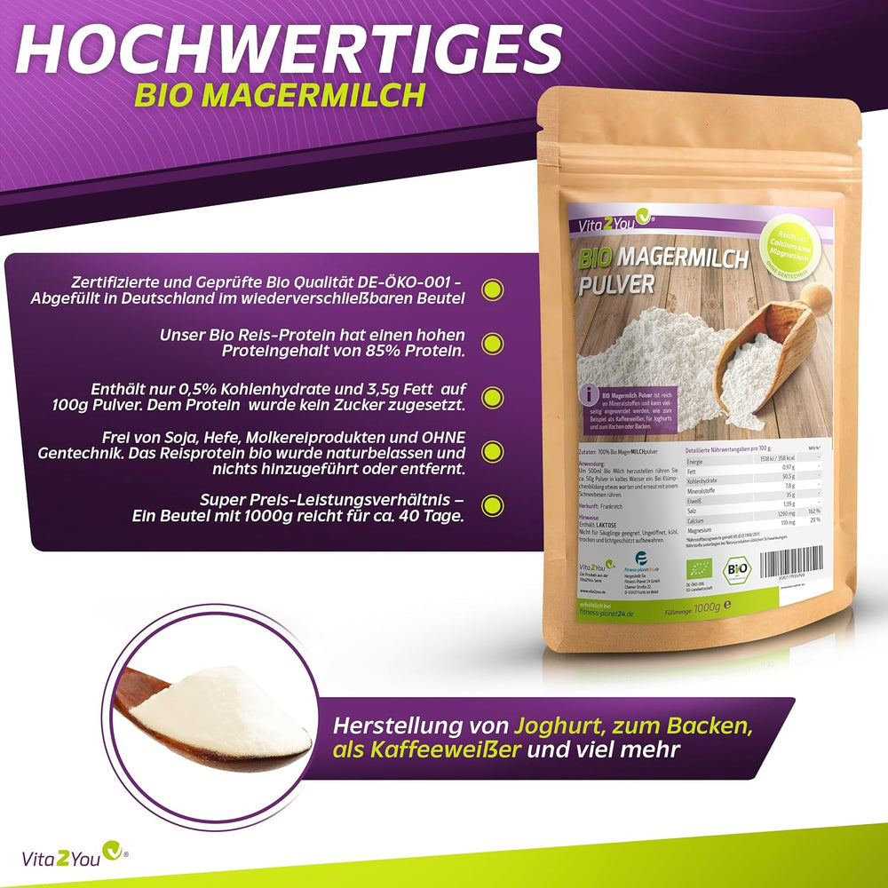 Vita2You Bio Lait écrémé en poudre 1000g - 100% Bio Qualität - pour la pâtisserie - Kaffeeweißer - Milchpulver für Joghurts - 1kg - Premium Qualität