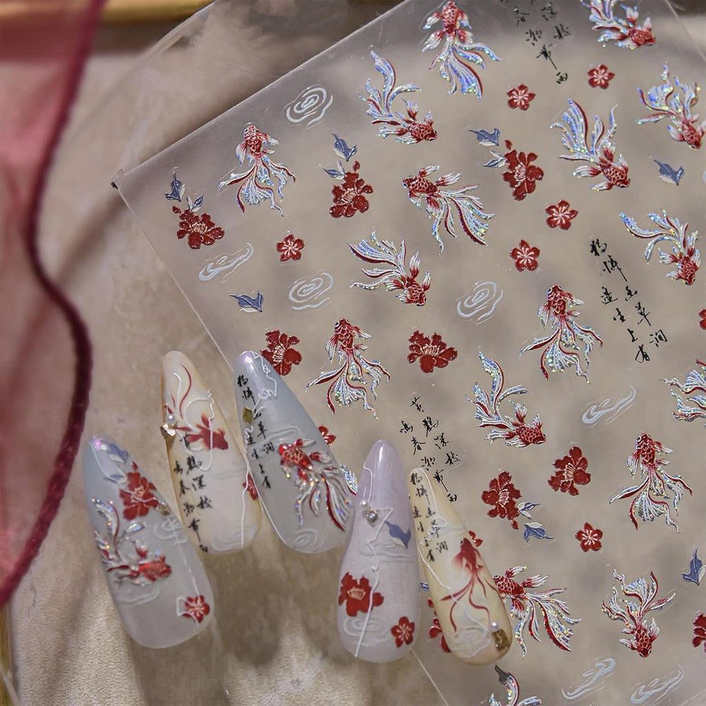 JMEOWIO 3D Nagelsticker Koi Fisch Nail Art Sticker Selbstklebend Nagelaufkleber 5D Stereoskopisch Dekoration Nageldesign Zubehör 1 Blatt