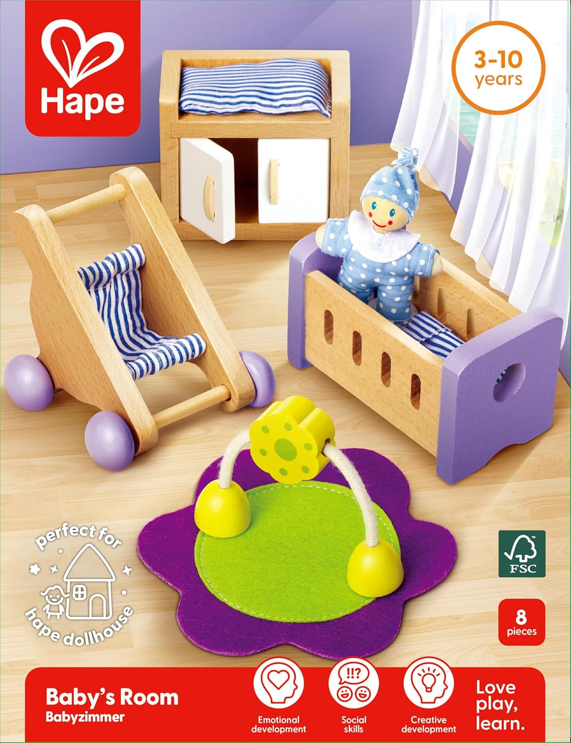 Hape Baby Room – Ensemble de chambre de poupée en bois, meubles de poupée, accessoires de maison de poupée pour tout-petits, chambre de bébé miniature avec balançoire et accessoires, jeu de rôle pour 3 ans