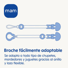 Sucette MAM, adaptée à tous types de tétines, anneaux de dentition et jouets, longueur réglable, avec cache-tétine, lavable, bleue, 1 pièce