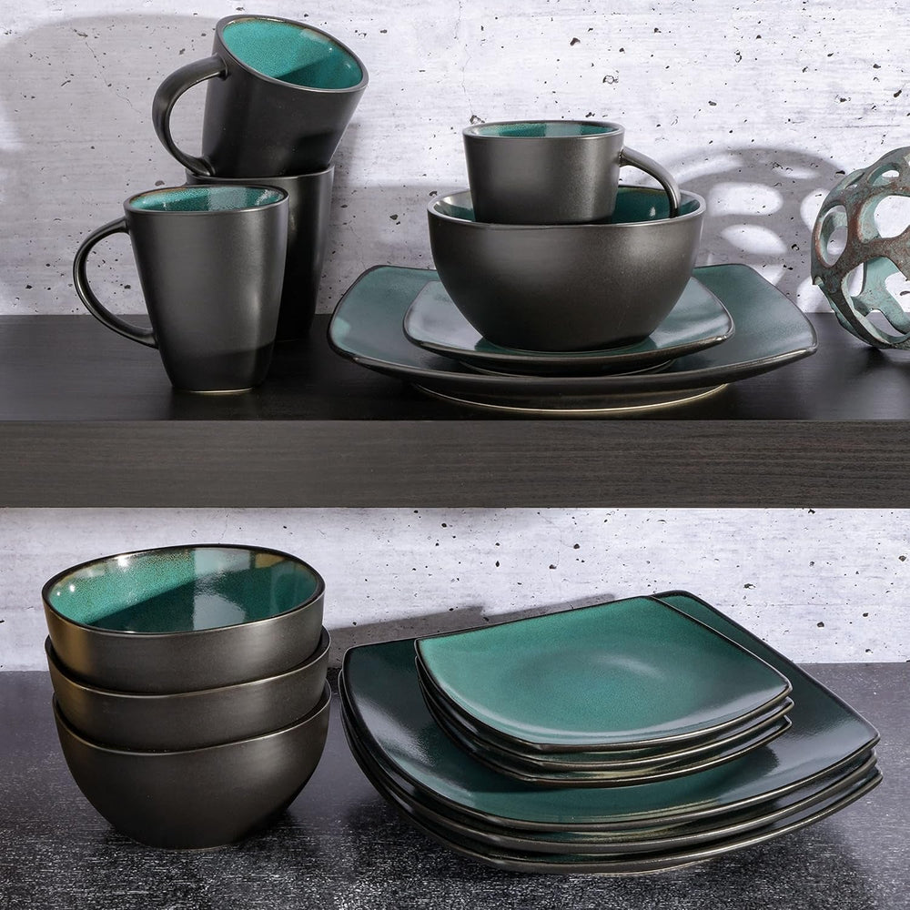 Set de veselă Gibson 99813.16R Elite Soho Lounge cu glazură reactivă pentru 4 persoane, 16 piese, efect bicolor albastru-verde/negru