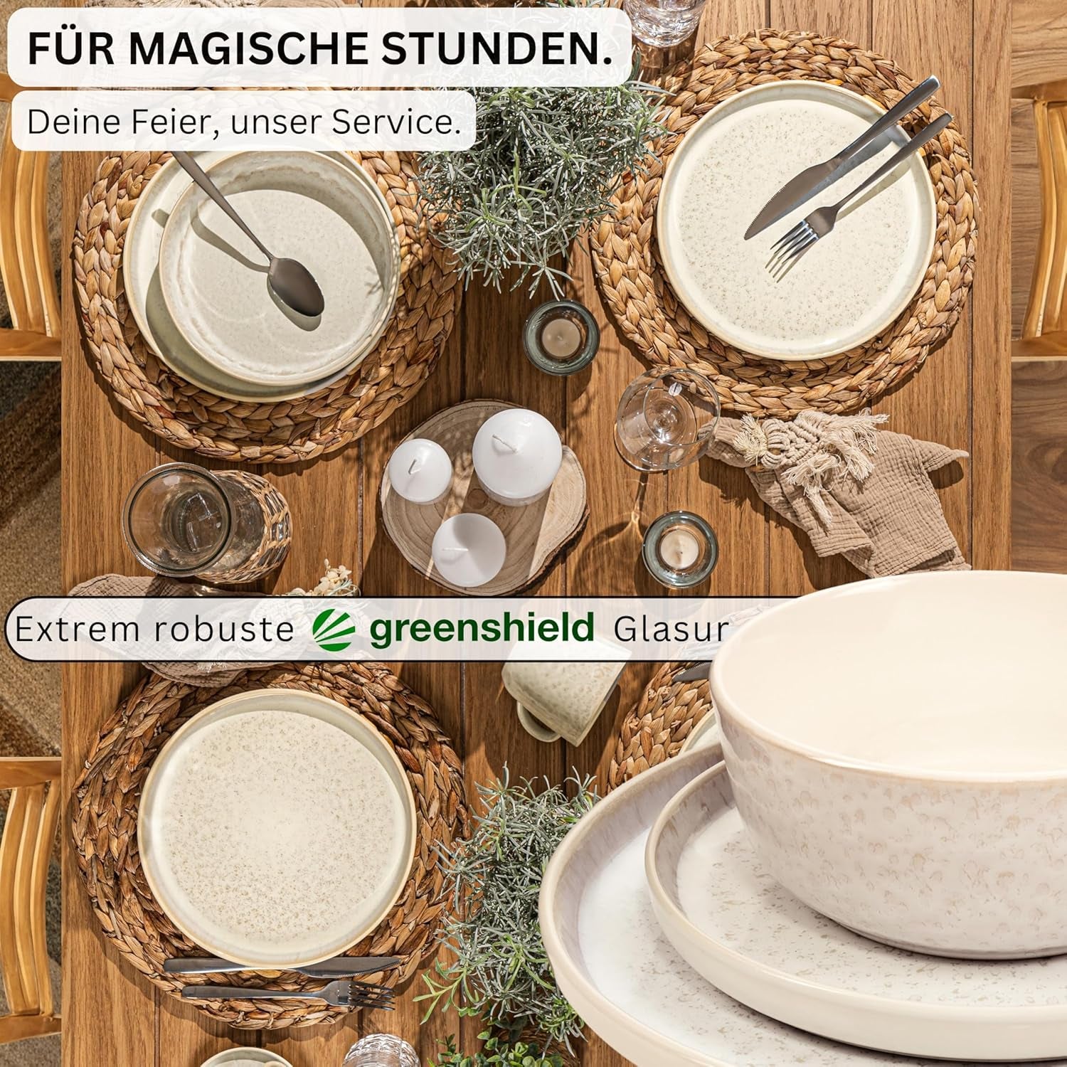 SÄNGER Key West | Service de table en grès 24 pièces pour 6 personnes, 6 assiettes à dîner, bols à céréales, assiettes à dessert, bols à pâtes, vaisselle à la crème avec texture sable | LA COLLECTION VALEUR