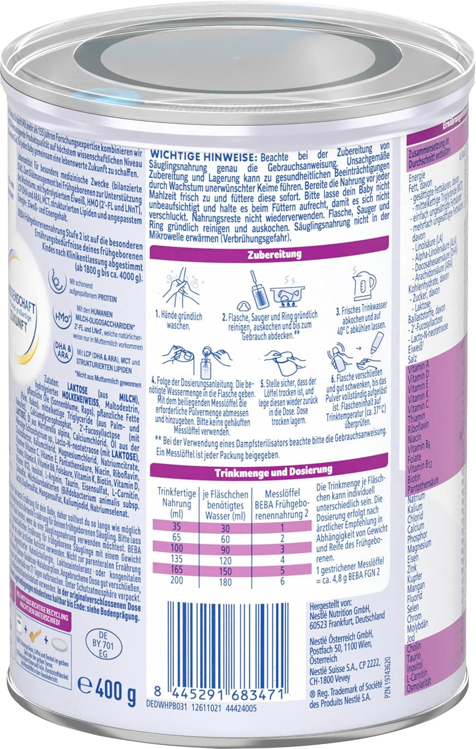 BEBA Préparation pour nourrissons prématurés Stage 2 – Nourrissons prématurés après sortie de l'hôpital, nourriture pour bébé, lait en poudre pour bébé, 1 paquet (1 x 400 g)