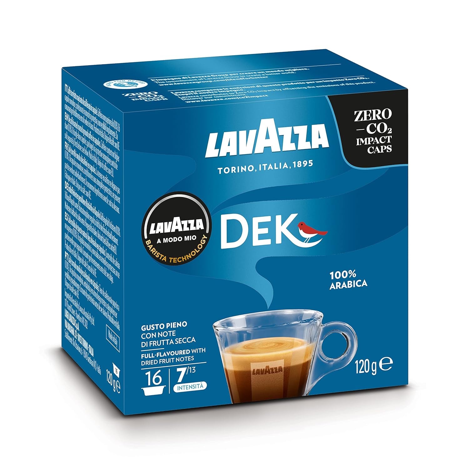 Lavazza A Modo Mio Dek Cremoso, 256 capsules de café, pour expresso décaféiné aux notes aromatiques d'amandes et de canditis, 100% Arabica, intensité 7/13, torréfaction moyenne, 16 paquets