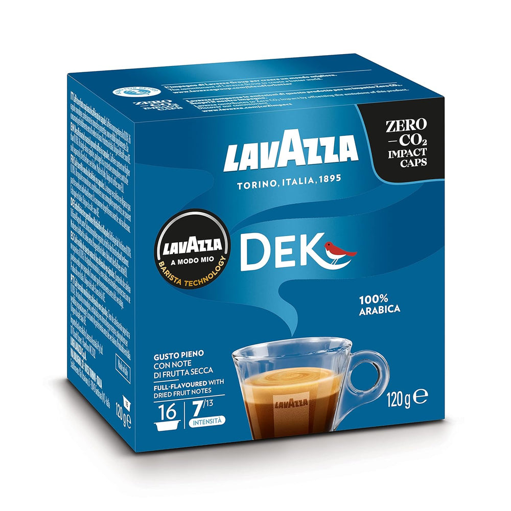Lavazza A Modo Mio Dek Cremoso, 256 capsules de café, pour expresso décaféiné aux notes aromatiques d'amandes et de canditis, 100% Arabica, intensité 7/13, torréfaction moyenne, 16 paquets