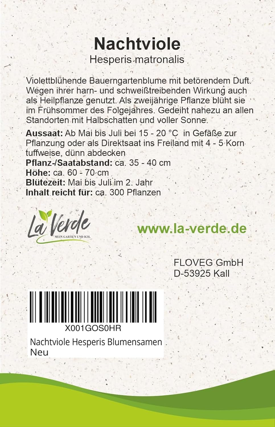 La Verde MEIN GARTEN UND ICH. Nachtviole Blumensamen Für Ca. 300 Pflanzen, Stark Duftende Bauernblume, Zweijährig, Saatgut Ohne Gentechnik