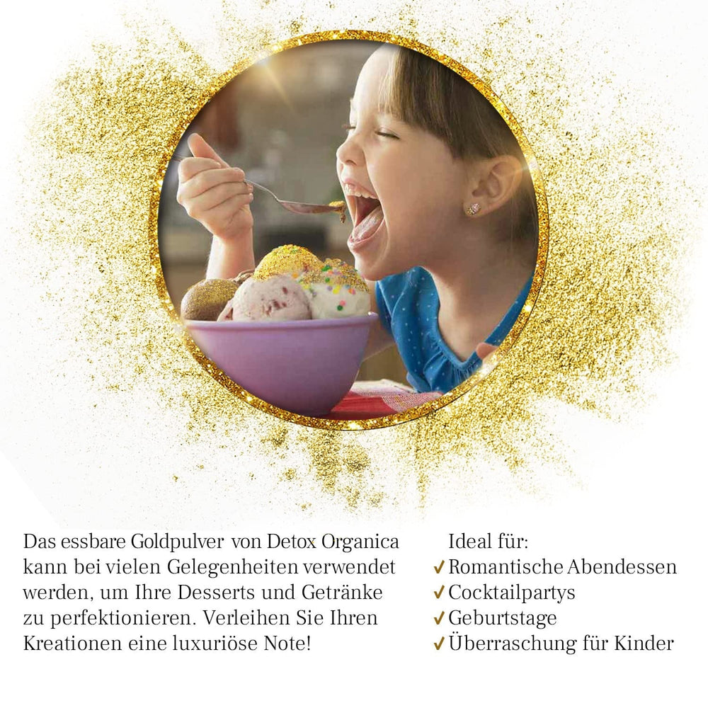 Detox Organica Poudre d'Or Comestible, 10 g E171 Colorant Alimentaire Or Sans Colorant, Poussière d'Or pour la Cuisson et la Décoration, Idéal pour les Gâteaux, Muffins, Chocolat et Boissons, Paillettes Comestibles