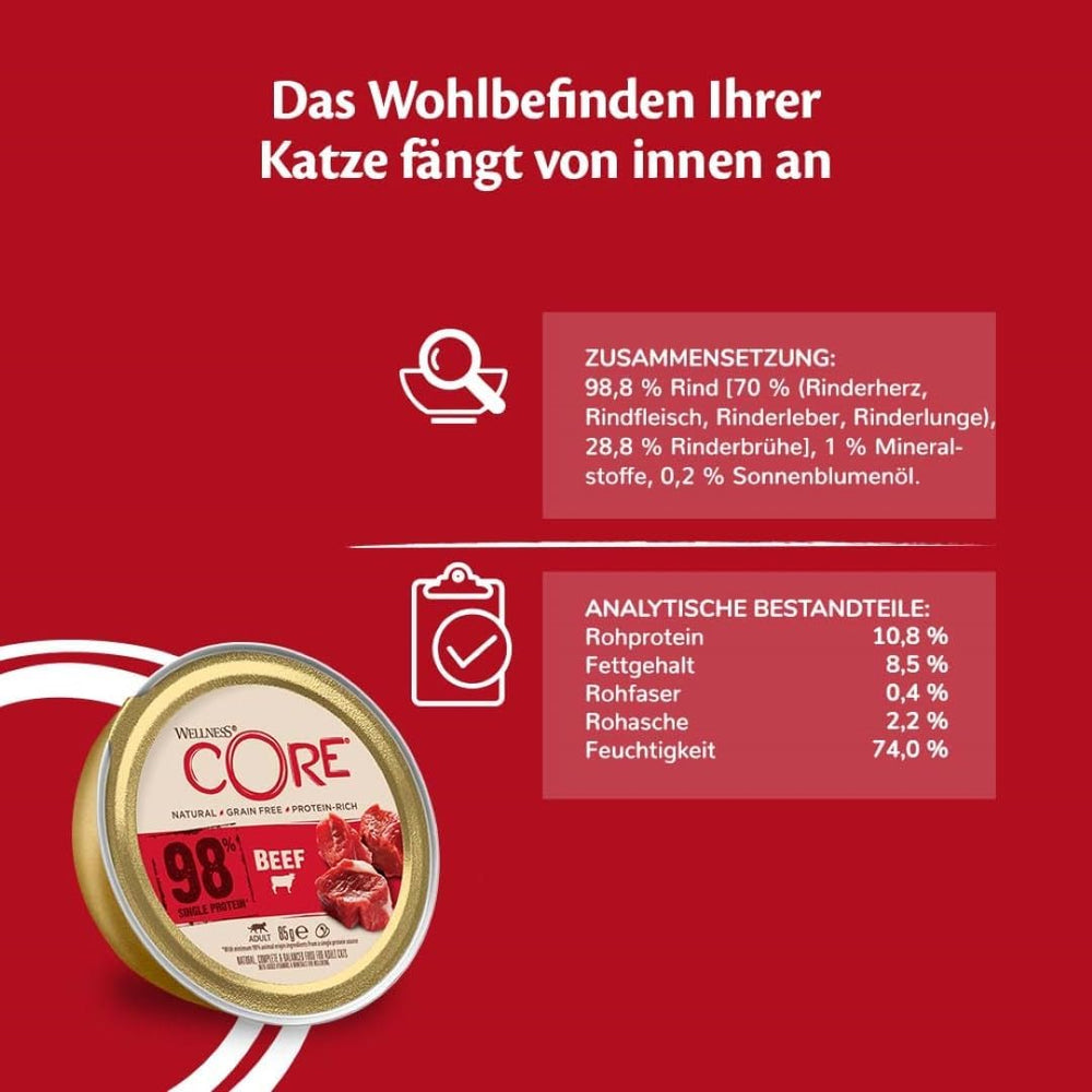 Wellness CORE 98% 12 x 85g, Vită – Hrană umedă pentru pisici, pate gros, fără cereale, natural, hipoalergenic, bogat în proteine, conținut ridicat de carne