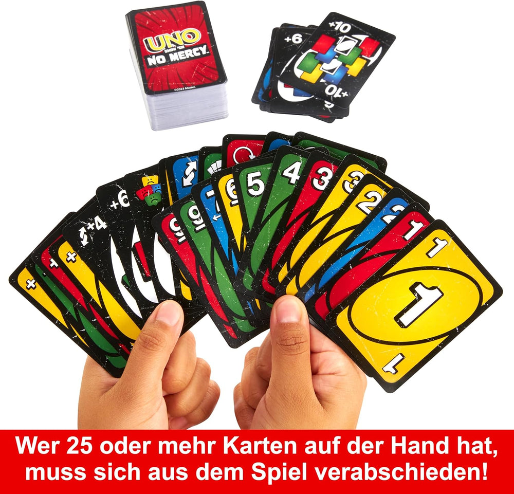 Mattel UNO Show 'em No Mercy - 56 cartes supplémentaires, cartes d'action stimulantes et règles de jeu brutales pour la version la plus impitoyable, règle d'empilage et échange de mains, à partir de 7 ans, HWV18
