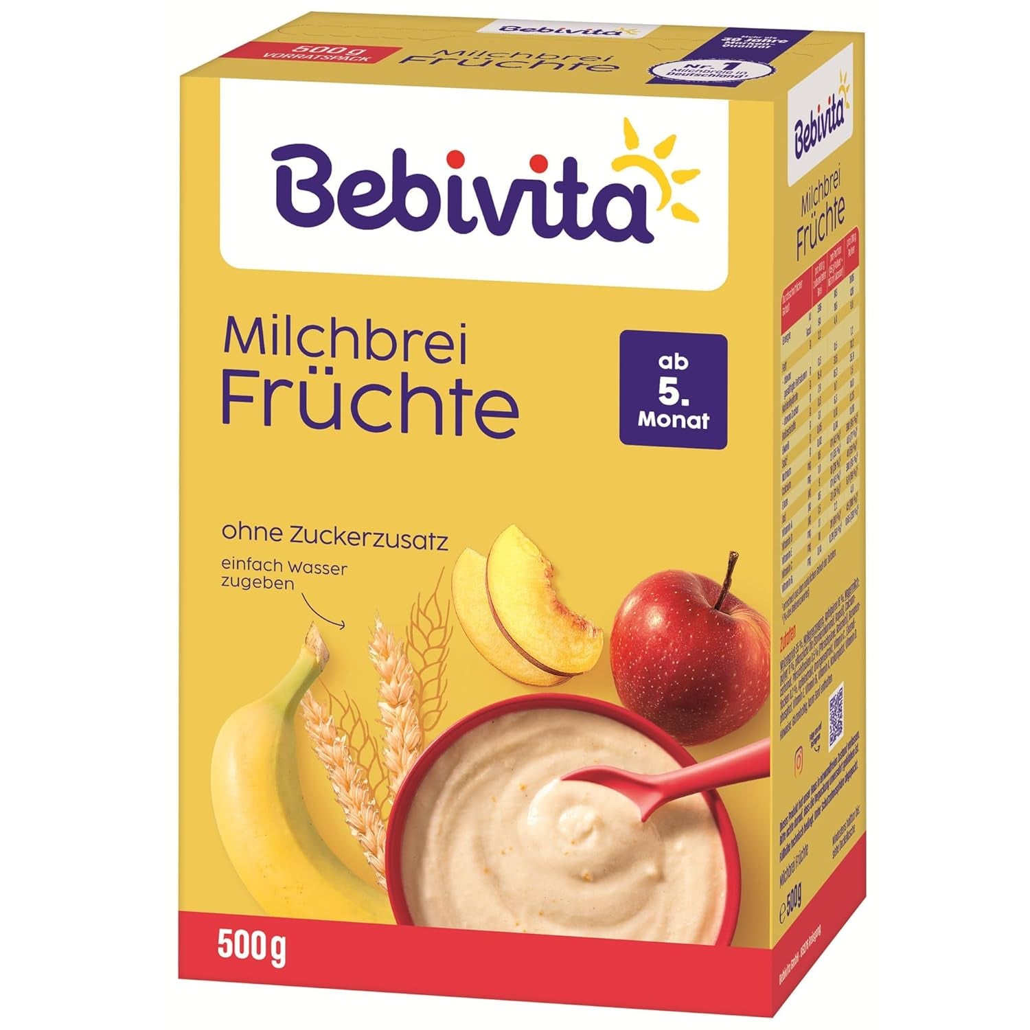 Bouillie de lait aux fruits (4x500g), dès 5 mois, sans sucre ajouté, avec de précieux minéraux et vitamines, très nourrissante