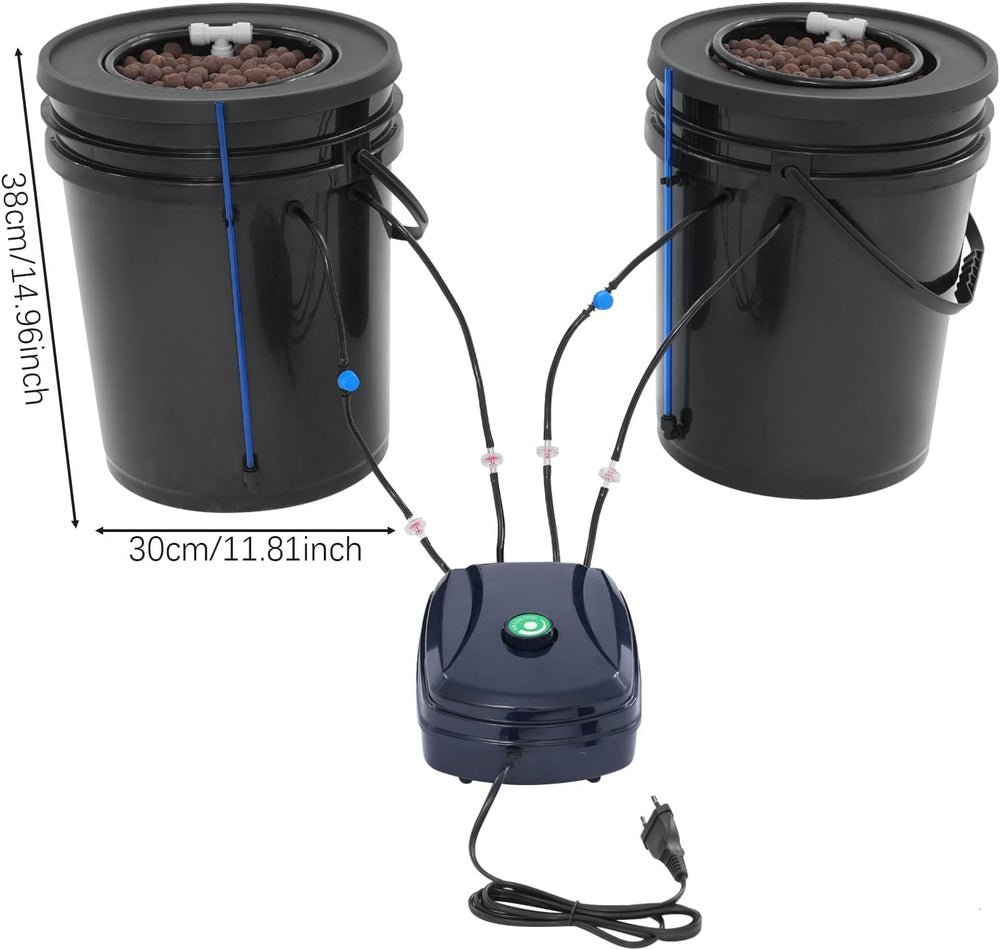 Kit complet de système hydroponique DWC avec pompe à air 12 W, 2 seaux (5 gallons), système de culture hydroponique, 2 sacs de céramsite, kit d'irrigation en pot