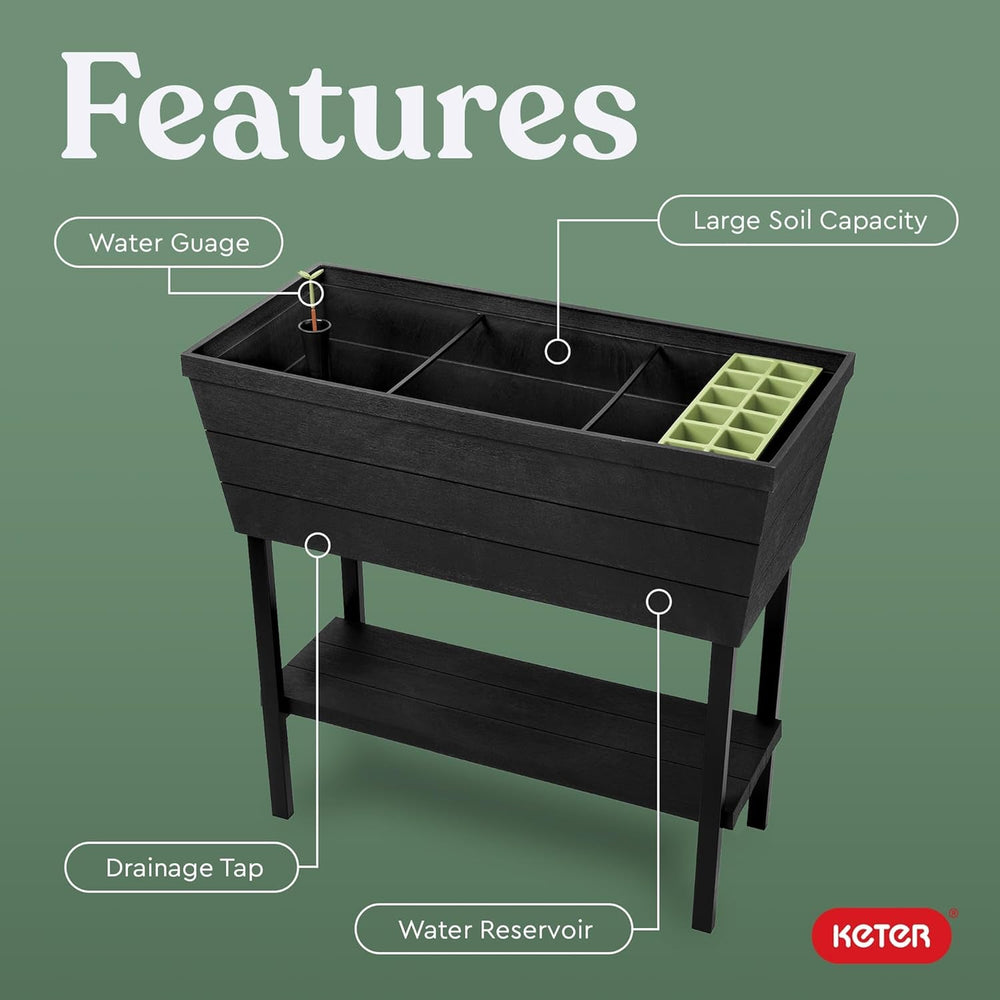 Keter Urban Bloomer Pot de jardin surélevé et herbes aromatiques avec jauge d'arrosage automatique et bouchon de vidange Gris foncé