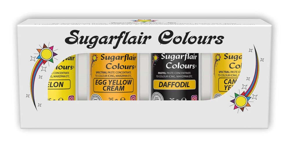 Sugarflair Pasta Colorant Alimentaire Jaune Lot de 4 Pâtes Colorant Alimentaire Fondant Massepain Pâte à Sucre Crème Au Beurre et Plus encore : Jonquille Canari Jaune Crème Oeuf Melon Lot de 4