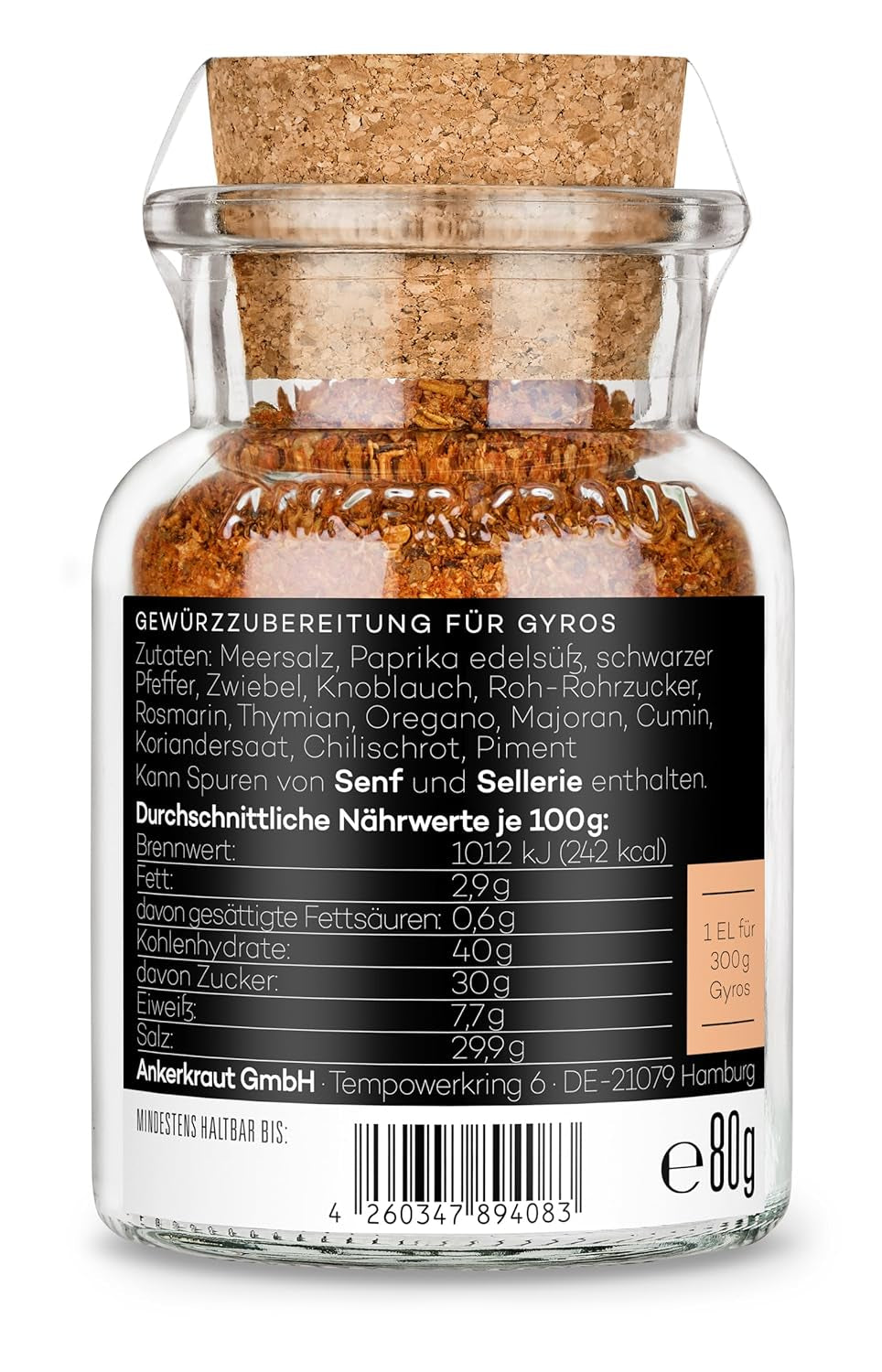 Ankerkraut Gyros, Gewürzmischung für Gyros, également sur la Pfanne ou sur le Grill, avec Zwiebel, Knoblauch, Marjolaine, Cumin, Piment et plus, 80 g dans Korkenglas