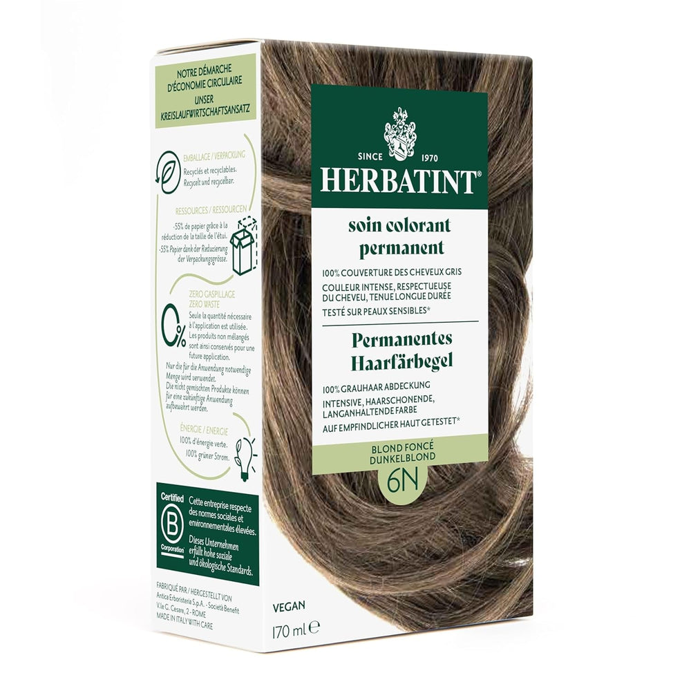 Gel colorant capillaire permanent 6N Blond foncé - 170 ml I Sans ammoniaque, couverture à 100% des cheveux gris I Testé sur peaux sensibles, aux 8 extraits de plantes Teinture capillaire Naty Shop 6N Blond foncé