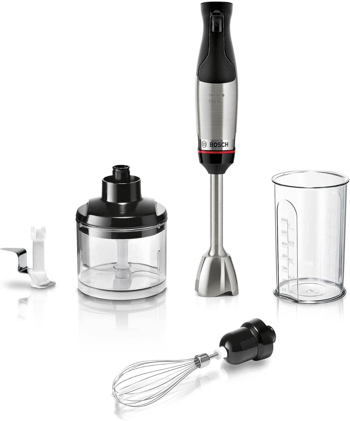 Bosch Stabmixer Ergomaster Serie 6 MSM6M623, 10 Jahre Motorgarantie, Edelstahl-Klingen, Verschleiãÿfreie Keramik-Kupplung, Luftkühlung, Zerkleinerer, Kartoffelstampfer, Schneebesen, 1000 W, Edelstahl Kitchen Naty Shop 3-In-1, Ergomaster Serie 6