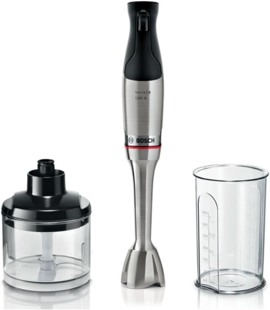 Bosch Stabmixer Ergomaster Serie 6 MSM6M810, Einhändig Bedienbar, 10 Jahre Motorgarantie, Edelstahl-Klingen, Verschleißfreie Keramik-Kupplung, Luftkühlung, Quattroblade, Mixbecher, 1200 W, Edelstahl Kitchen Naty Shop 2-In-1, 1200 Watt