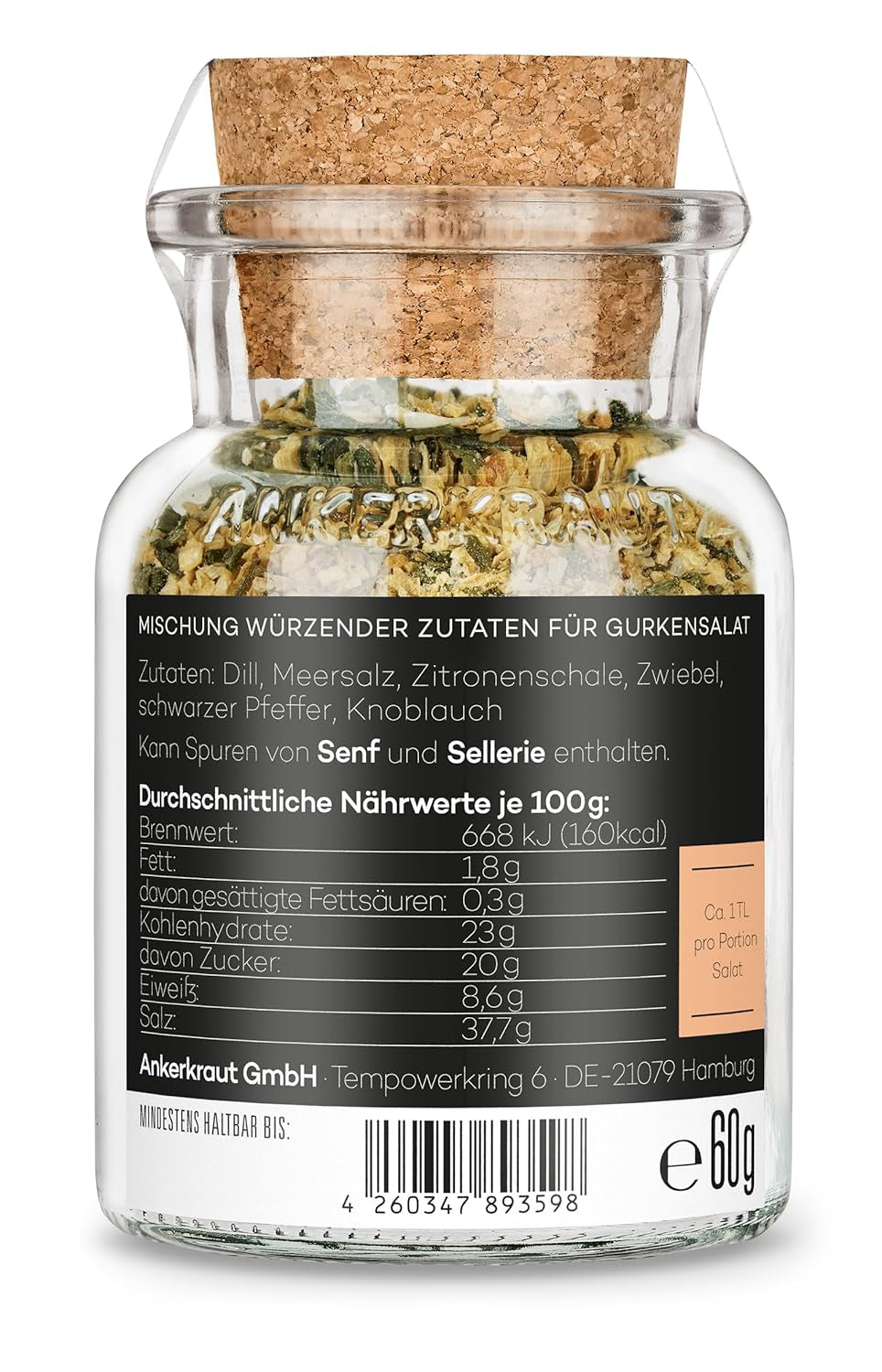 Ankerkraut Gurkensalat, 60 g dans un verre en liège, Würze Gherken-Salat Ganz Einfach, Zuckerfrei und Ohne Gesmackverstärker, Mischung würzender Ingredient für Salat