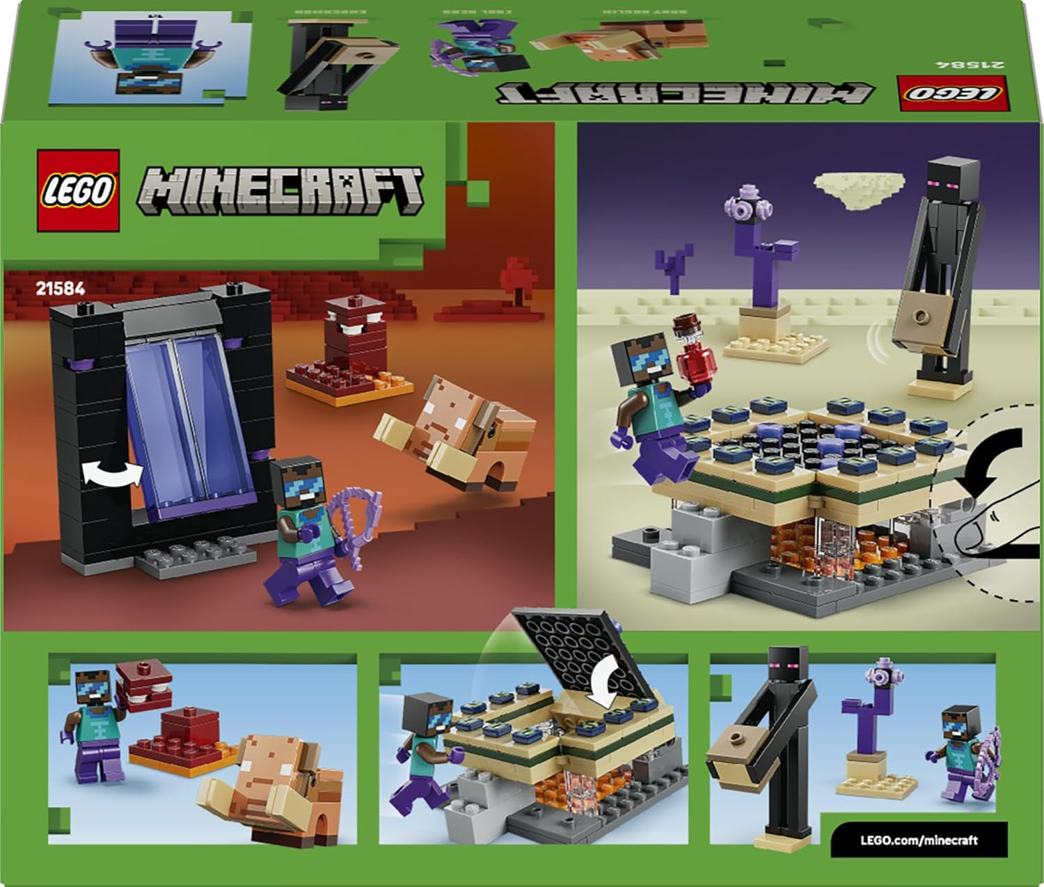 LEGO Minecraft Voyage à travers Nether et Endportal - Jeu pour enfants avec figurines Helden, Enderman et Baby Hoglin - Set avec figurine Minecraft - Jeu de joueur pour jeunes et filles à partir de 7 ans - 21584