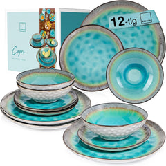 SANGER | Capri Dinnerware Service de table 12 pièces pour 4 personnes en grès comprenant des assiettes plates, des assiettes à dessert et des assiettes Suma Service de table turquoise fait à la main avec bord gris | LA COLLECTION PREMIUM