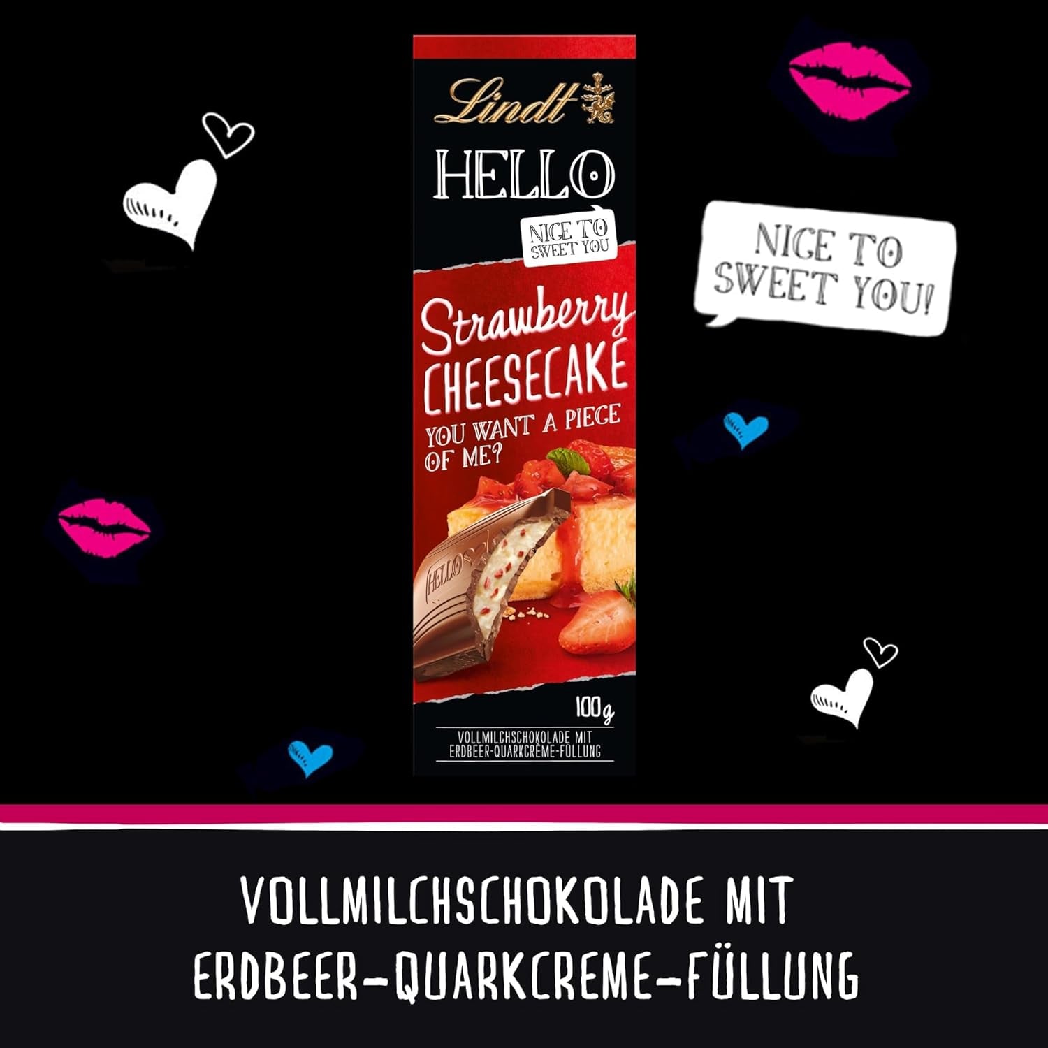 Lindt HELLO Gâteau au fromage aux fraises et au chocolat | Barre 100g | Chocolat au lait fourré à la crème de fromage blanc aux fraises | Barre de chocolat | Cadeau chocolat